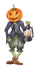 Watercolor illustration with Jack Pumpkin King, Jack-o-lantern, isolated on white background. Hand-drawn watercolor clipart. - 472555779