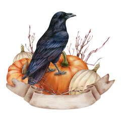 Watercolor illustration with black raven, pumpkins and paper label, isolated on white background. Hand-drawn watercolor clipart. - 472555787