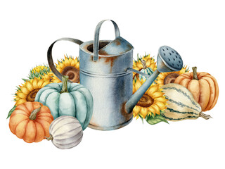 Watercolor illustration with watering can, sunflowers and pumpkins, isolated on white background. Hand-drawn watercolor clipart. - 472555789