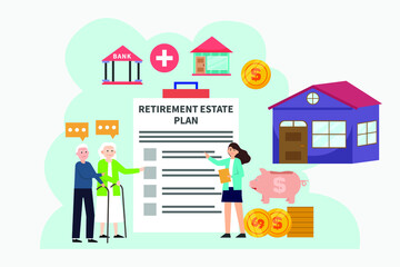 Retirement plan vector concept. Old couple looking at retirement estate plan while standing with consultant near money
