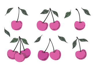 Set of cherries. Cartoon style colorful hand drawn  vector illustration