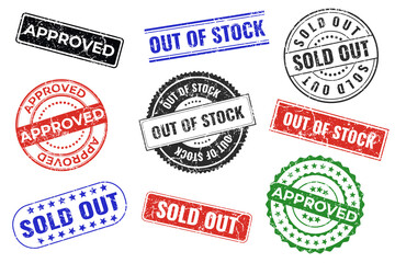 Set of imprints of rubber stamps with marketing and trading words Approved, Sold out, Out of stock of red, black, blue, green colors on a white background isolated