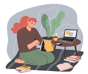 Fototapeta na wymiar Сute girl doing homework or working and sitting on the floor at home. Freelance or studying concept. Hand drawn vector colorful flat cartoon style illustration