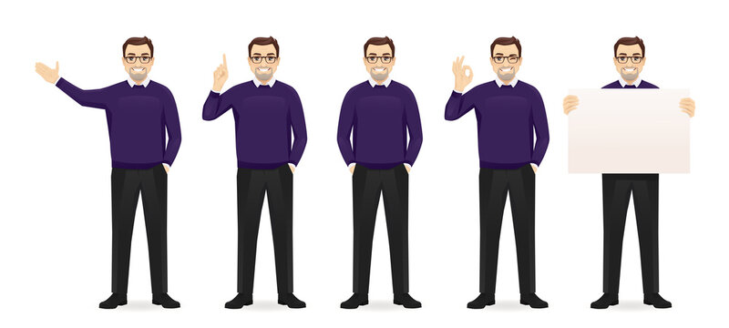 Mature business man in different poses set. Various gestures - pointing, showing ok sign, standing, holding empty blank board isolated vector illustration