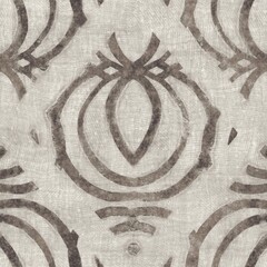 Seamless tan brown grungy tribal neutral rug motif surface pattern design for print. High quality illustration. Distressed bohemian ethnic repeat swatch. Hand drawn diamond damask textile design. - 472556951