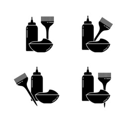Hair coloring, silhouette icons set. Black simple vector of professional brush, bowl of dye, bottle. Contour isolated pictogram on white background