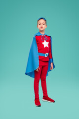 Confident superhero kid in superhero costume