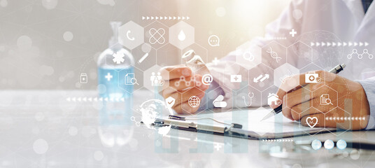 doctor exposed to vaccine with report records . DNA . digital healthcare and network connectivity on a modern holographic virtual interface . medical technology icon and the concept of the future