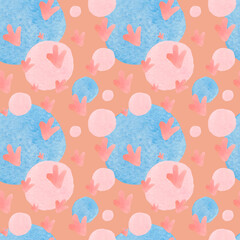 Seamless pattern with watercolor minimalist Shapes on Calming Coral background.Repeating,abstract print with hand drawn blotches.Design for wrapping paper,packaging,social media,textiles,fabric.