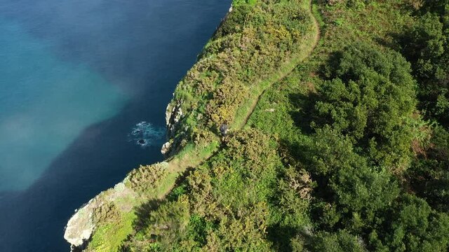 Hiker walking up a trail between lush and green grass, bushes and trees right next to the steep cliff down to the deep blue and turquoise ocean on Madeira island in the summer sunshine.
