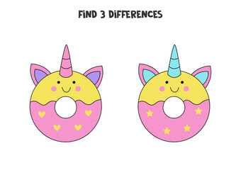 Find 3 differences between two cute unicorn doughnuts.