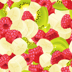 fruit salad raspberries, kiwi and bananas slice seampless vector pattern 
