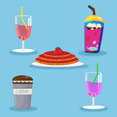 Cartoon breakfast food and drinks, coffee, juice, bakery vector illustration