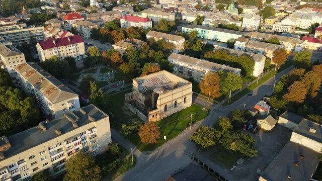 Aerial shot city Brody. The ruins of the synagogue. Ukraine