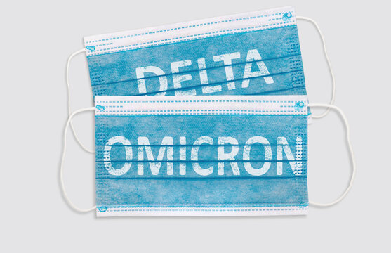 Face masks with inscriptions Omicron . Covid 19 alpha, beta, gamma, delta, lambda, mu, omicron variants outbreak around the world