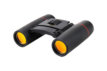 Black binoculars with orange lenses on a white background, isolated image