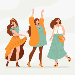 Women in boho outfit. Modern boho collection with boho outfits for clothes design. Summer style. Hippie style. Elegant, modern style.