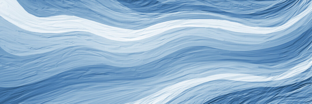 abstract blue background of waves in blue and white painted stripes, thick oil paint brush strokes in wavy lines, abstract water or flowing river illustration