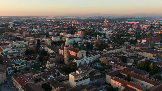aerial view drone of ravenna city cathedral at sunrise orbit shot