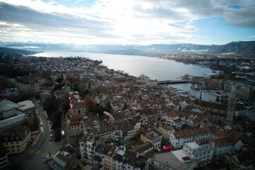 Aerial view of City of Zürich with river Limmat on a cloudy winter morning. Photo taken December 1st, 2021, Zurich, Switzerland.