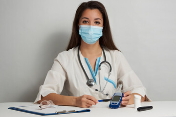  Young woman doctor sitting at desk with diabetic equipment