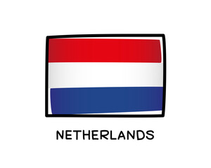 Dutch flag. Netherlands flag colorful logo. Freehand blue, white and red brush strokes. Black outline.
