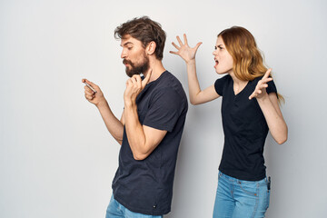 Man and woman hug communication friendship posing light background