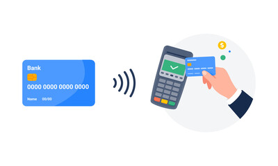 Making a transaction an electronic terminal or reader and paying by credit or debit card. Contactless payment system or technology, EMV chip payment method concept. Vector flat illustration.