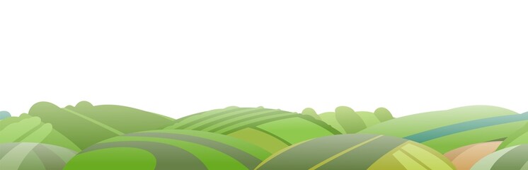 Obraz premium Rural landscape with garden farmer hills. Field and trees. Cute funny cartoon design. Horizontally background seamless illustration. Flat style. Isolated Vector.