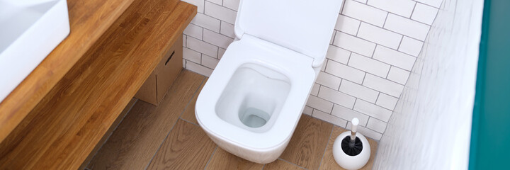 White toilet bowl with open lid standing in bathroom background