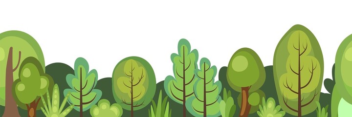 Flat forest. Horizontal seamless composition. Cartoon style. Funny green rural landscape. Level the game. Comic background design. Cute scene with trees. Isolated Vector