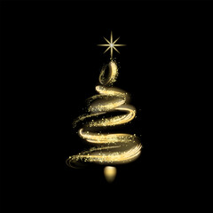 Christmas tree gold lights dust decoration, golden blurred magic glow on dark background. Merry Christmas holiday celebration. Vector illustration banner greeting card