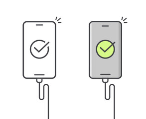 Cell phone charger connected icon or mobile smartphone recharge with usb cable line outline art illustration with check mark on screen, cellphone adapter plug isolated