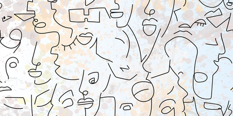 One line drawing. Abstract face seamless pattern.