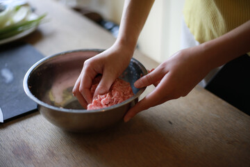 Obraz na płótnie Canvas 餃子の餡を作る女性の手元
