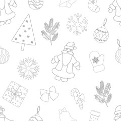 Seamless pattern Christmas black and white graphic vector illustration. New Year elements	