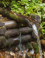 Mountain brook. Wooden log well.