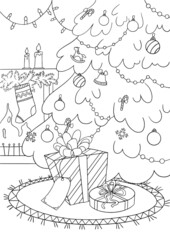 Decorated Christmas tree interior. A coloring page of the Christmas tree, fireplace, and gift boxes on the floor.