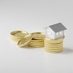 3d render of house and stacked coins, Property investment concept.