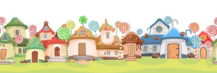 Candy street. Sweet caramel fairy house. Seamless horizontal Illustration in cartoon style flat design. Picture for children isolated on white background.. Vector
