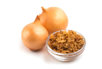 bowl of dried onions on white background