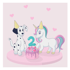 Dalmatian dog and unicorn wuth birthday cake