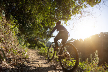 Woman riding bike in sunrise forest