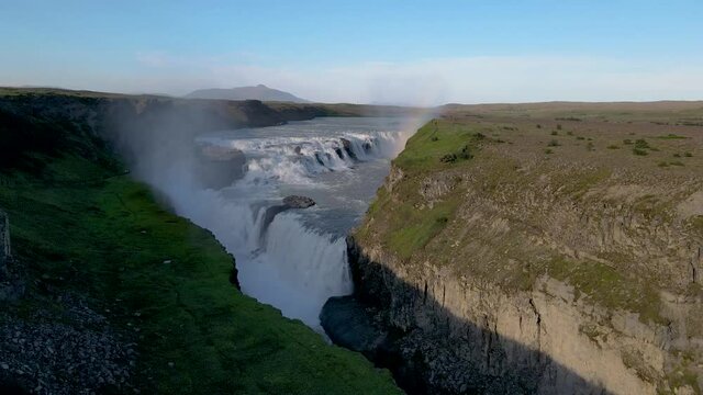 Beautiful cinematic aerial view of Iceland Gullfoss waterfall in the Golden Circule