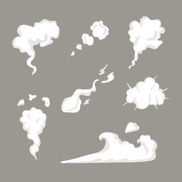 smoke set special effects template. Cartoon steam clouds, puff, mist, fog, watery vapour or dust explosion.