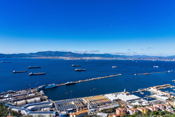 Naklejka premium Panoramic view of the port of Gibraltar and the bay of Algeciras full of boats