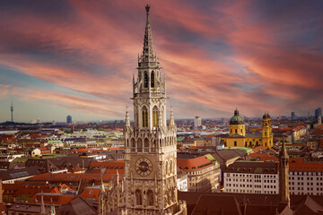 Sunset sky scene in Munich, Germany skyline at City Hall