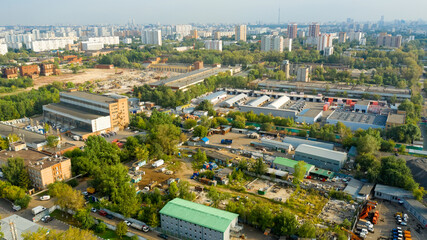 Aerial view of the industrial zone and technopark in Moscow, Russia. Industrial area from above