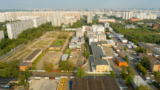 Aerial view of the industrial zone and technopark in Moscow, Russia. Industrial area from above