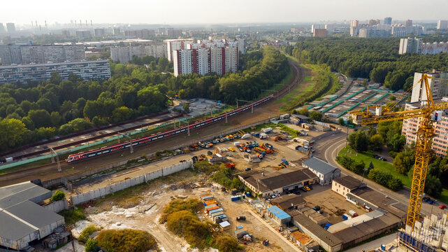 Aerial view of the industrial zone and technopark in Moscow, Russia. Industrial area from above